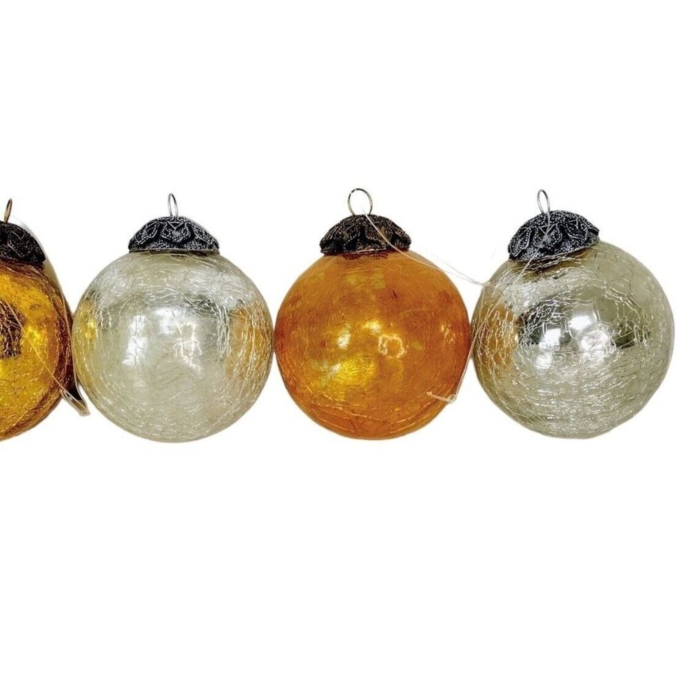 Vintage 8 Count Mercury Cracked Glass Christmas Ornaments Gold & Silver